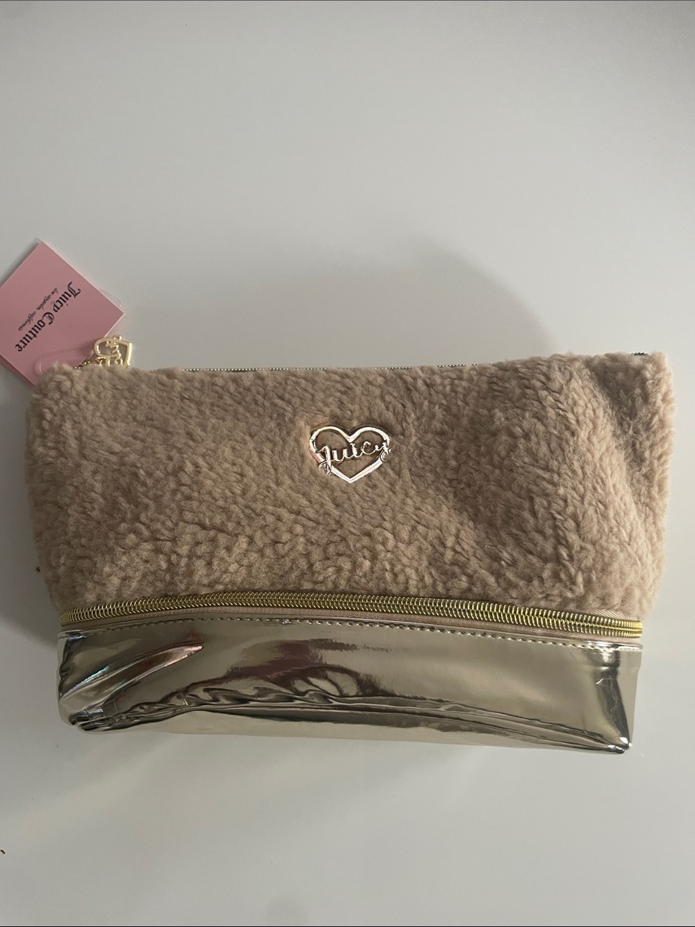 Juicy Couture Beige Teddy Sherpa and Gold Metallic Travel Cosmetic Bag